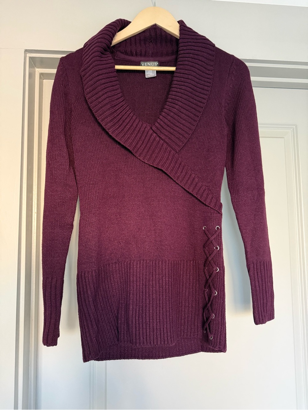 VENUS Deep Plum Shawl Collar Lace-Up Sweater